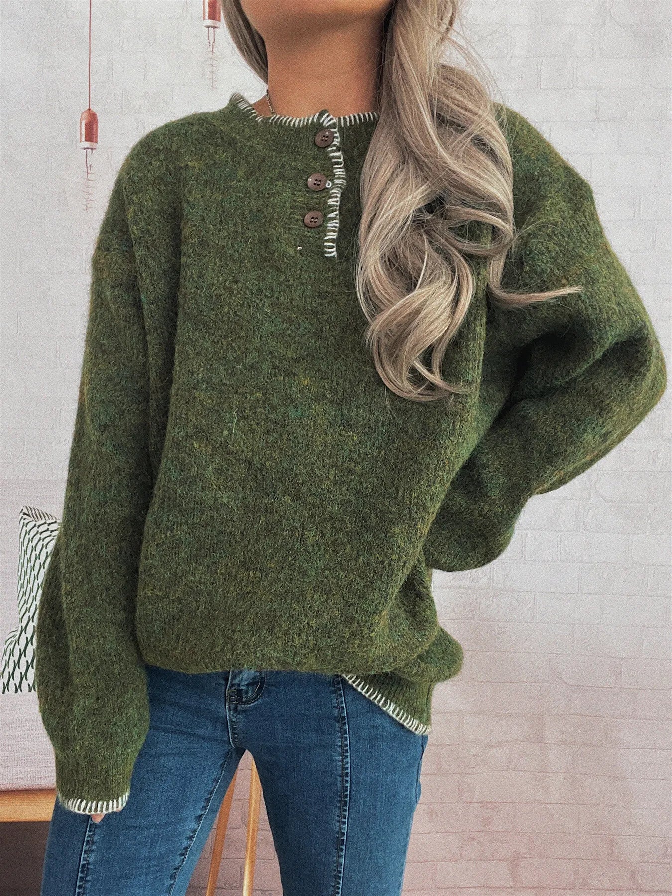 Ribbed Button Detail Long Sleeve Sweater 