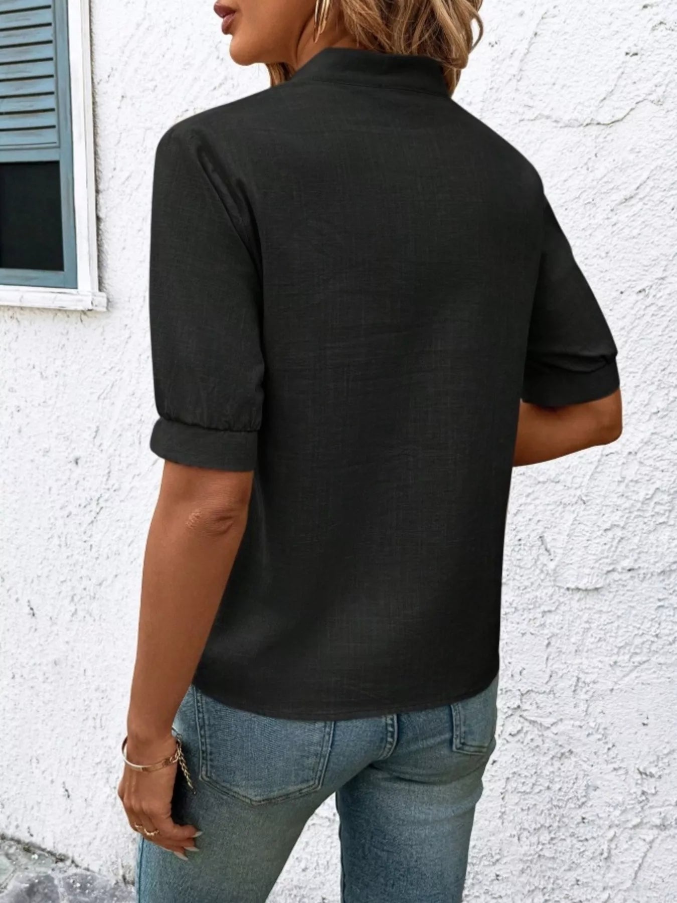 Embroidered Notched Short Sleeve Blouse 
