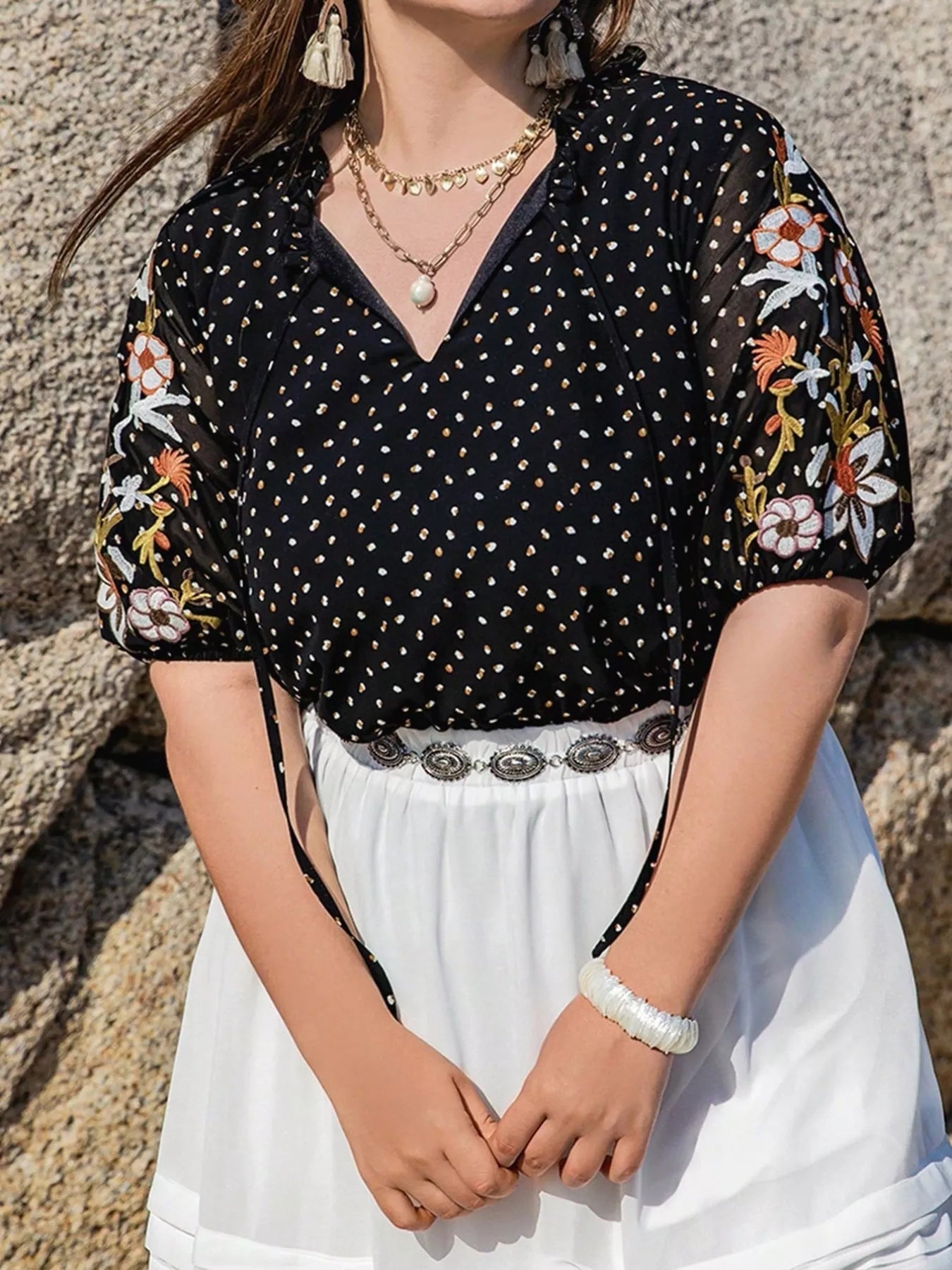 Plus Size Printed Tie Neck Half Sleeve Blouse 