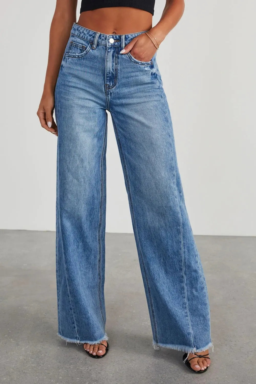 Raw Hem Wide Leg Jeans with Pockets 