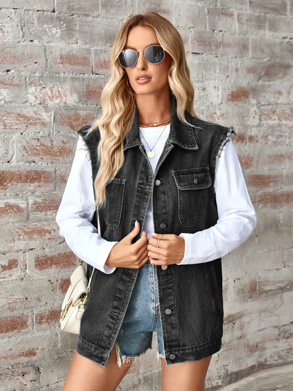 Raw Hem Sleeveless Button Up Denim Jacket 
