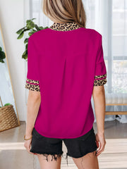 Leopard Patchwork Trim Split Neck Short Sleeve Blouse 