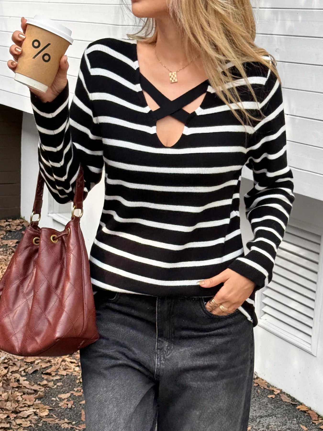 Striped Cross Front Long Sleeve Knit Top 