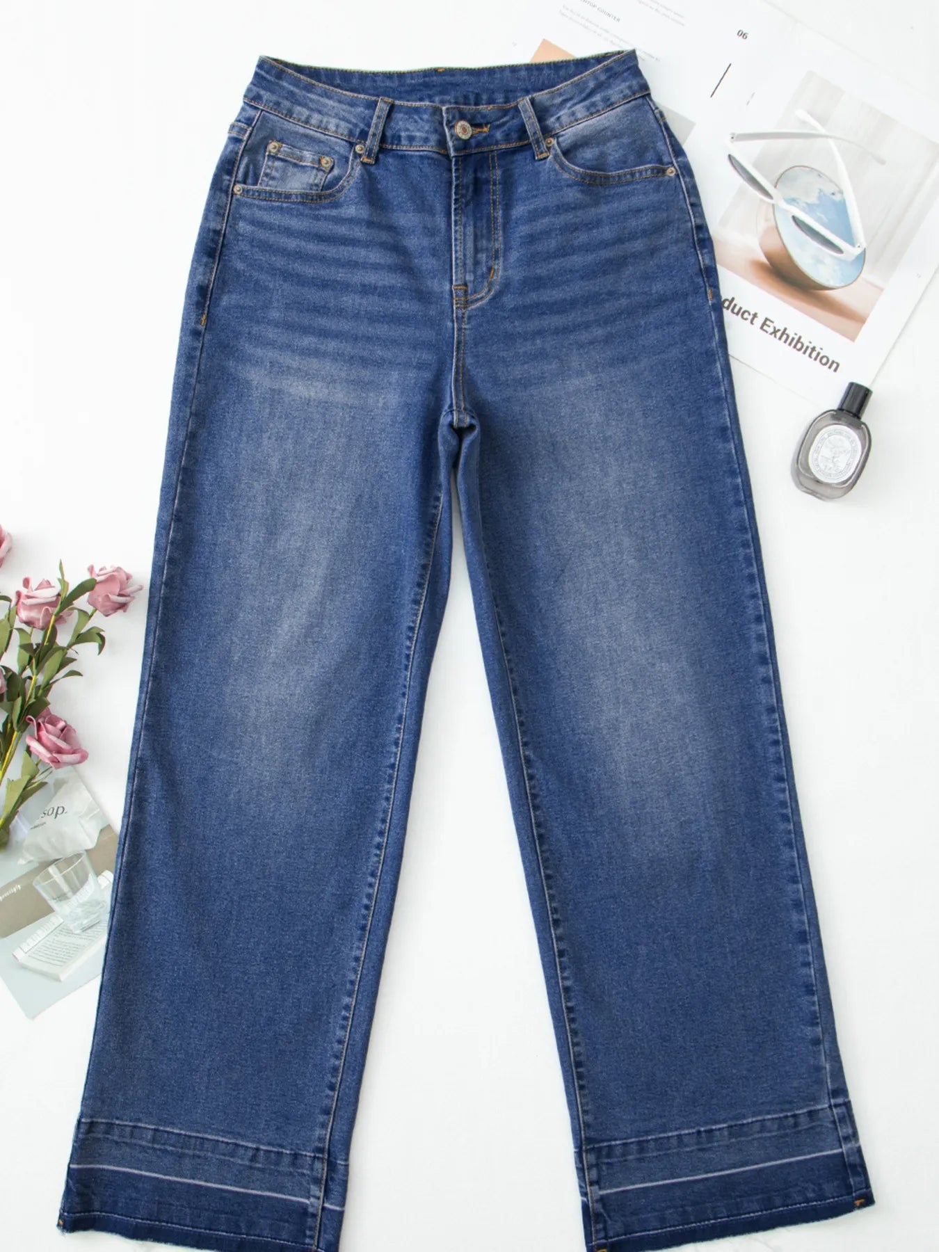 Raw Hem Unique Cuffs Straight High Rise Loose Jeans 