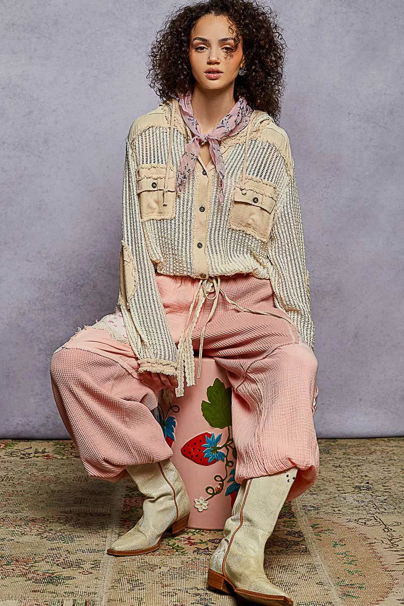 POL Texture Woven Button Down Hooded Shirt with Drawstring Hem 