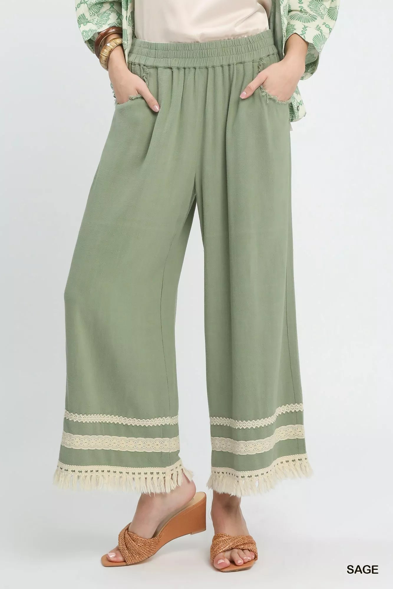 Umgee Lace Trim Fringe Hem Wide Leg Pants 