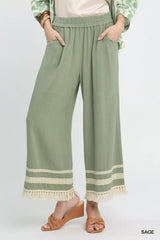 Umgee Lace Trim Fringe Hem Wide Leg Pants 