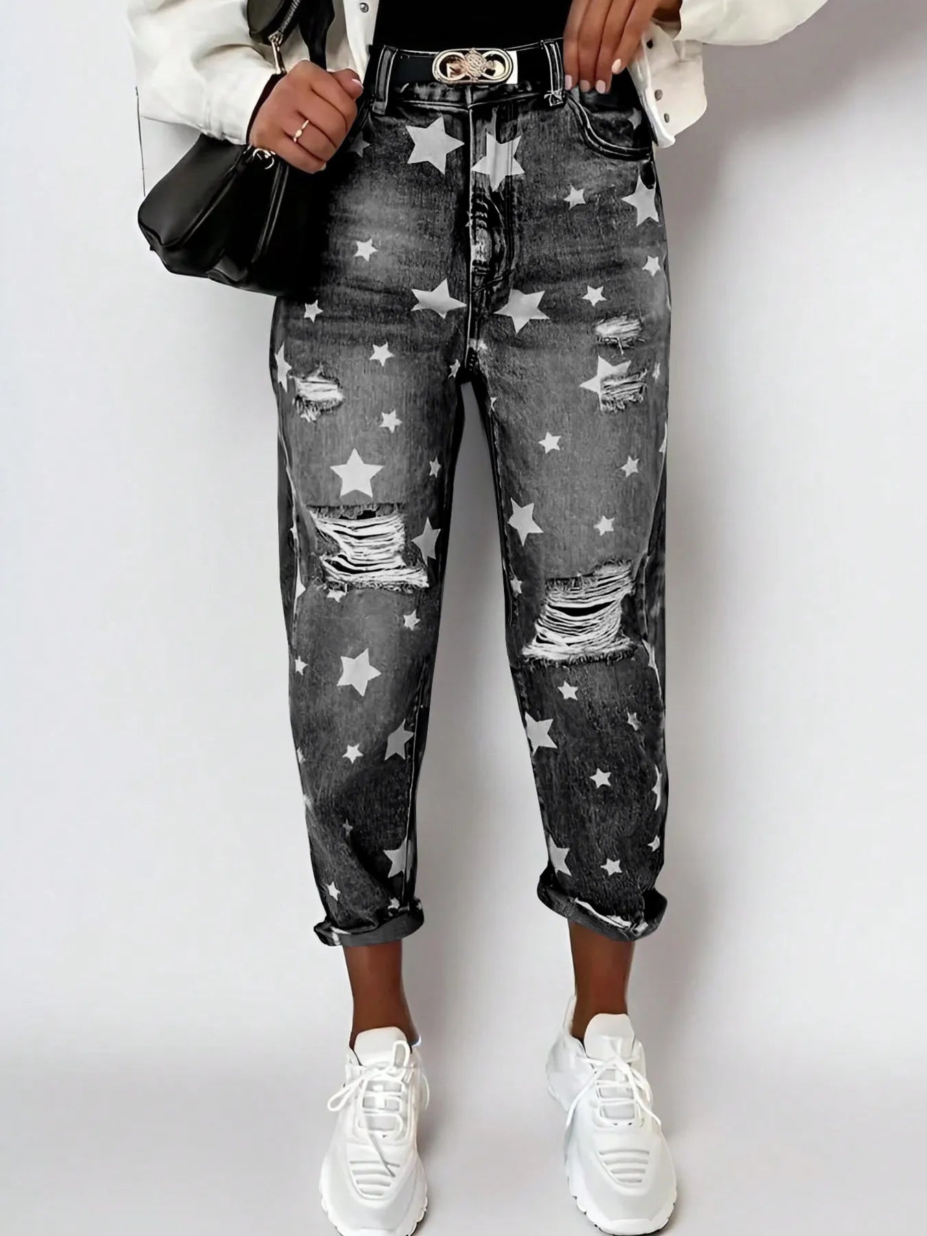 Star Print Distressed High Waist Boyfriend Jeans 