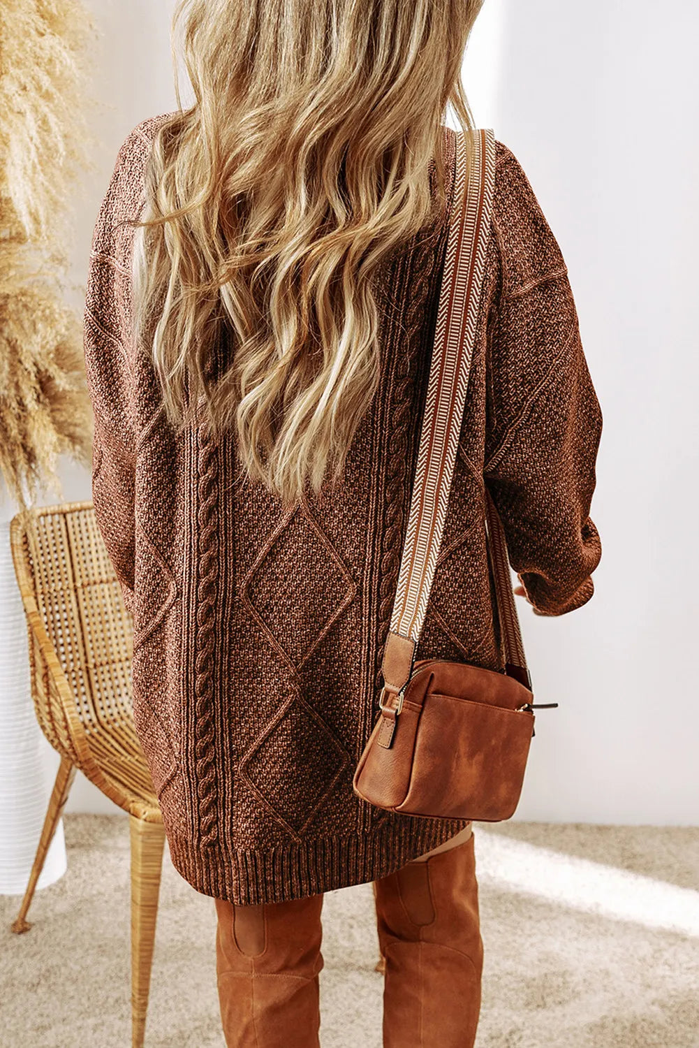 Cable-Knit Round Neck Sweater Dress 