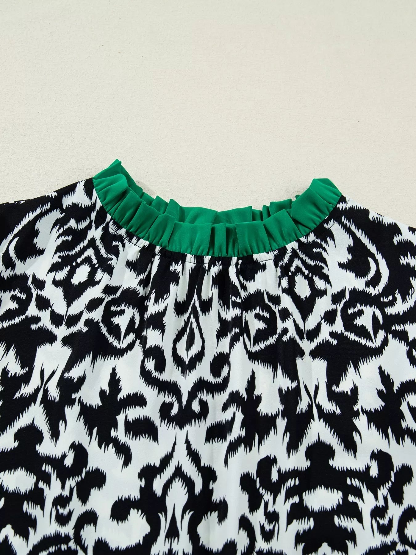 Damask Print Ruffled Color Block Detail Half Sleeve Blouse 