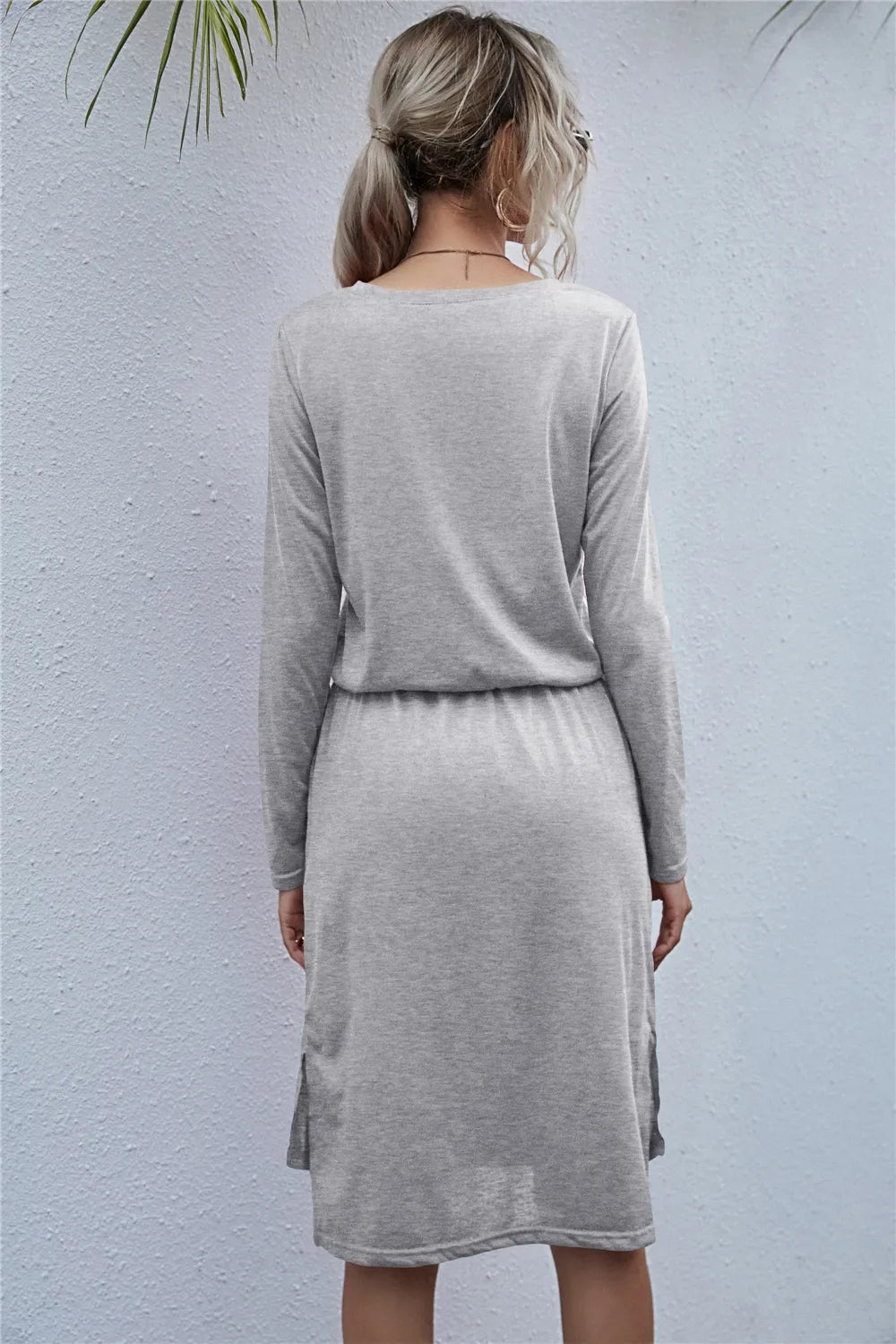 Drawstring Waist Round Neck Long Sleeve Dress 