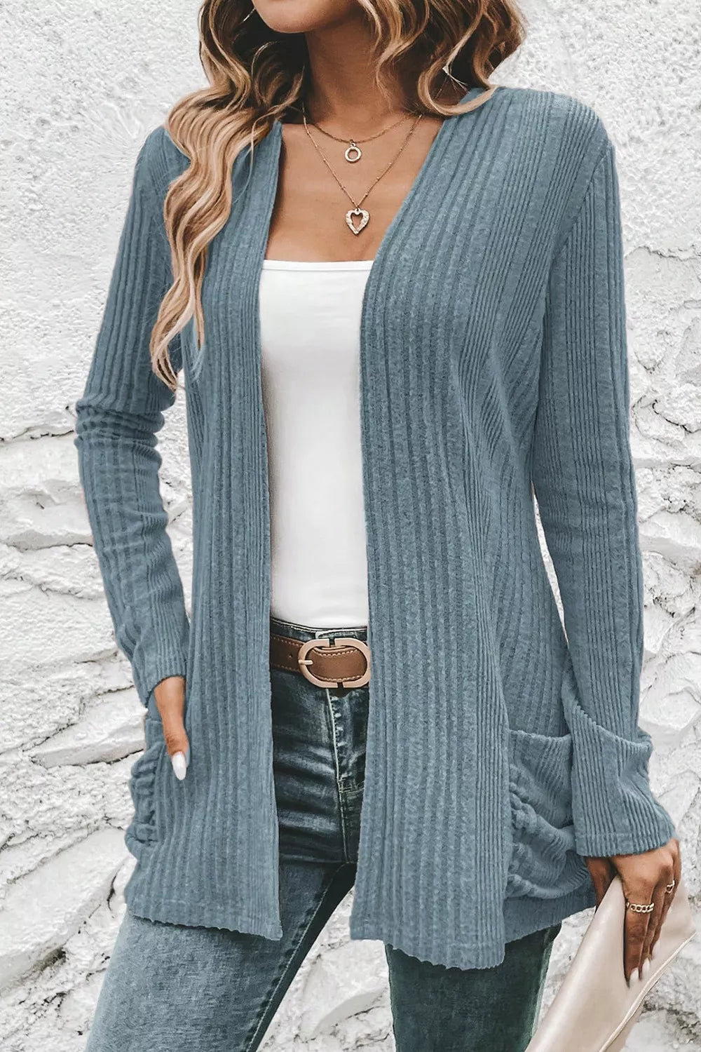 Ribbed Knit Open Front Cardigan with Pockets 