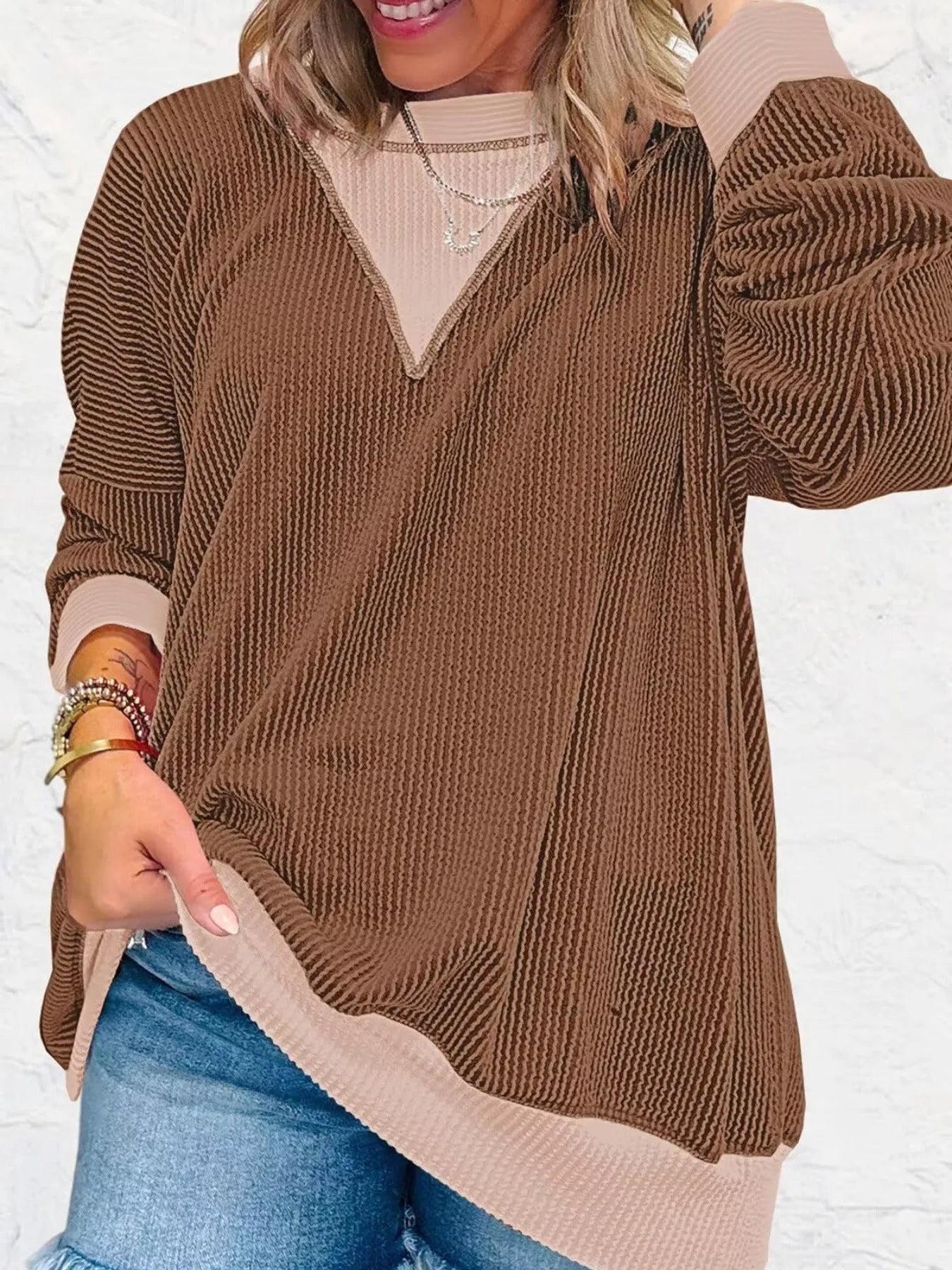 Two-Tone Ribbed Knit Sweatshirt 
