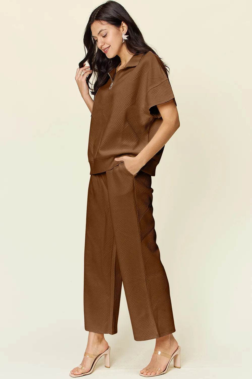 Double Take Full Size Texture Half Zip Short Sleeve Top and Pants Set 