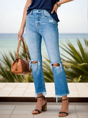 Distressed Raw Hem Jeans with Pockets 