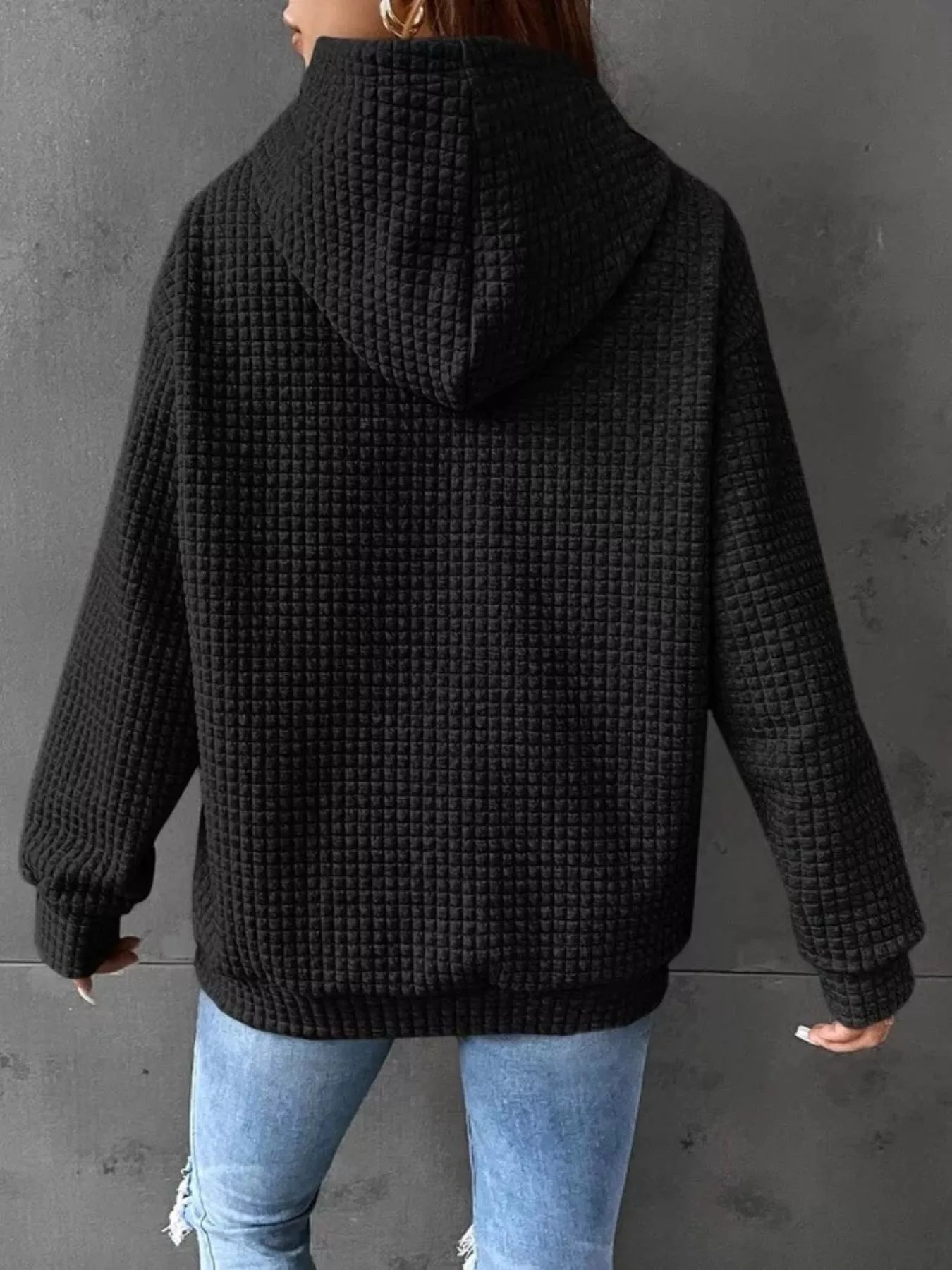 Waffle Knit Hoodie with Drawstring Details 