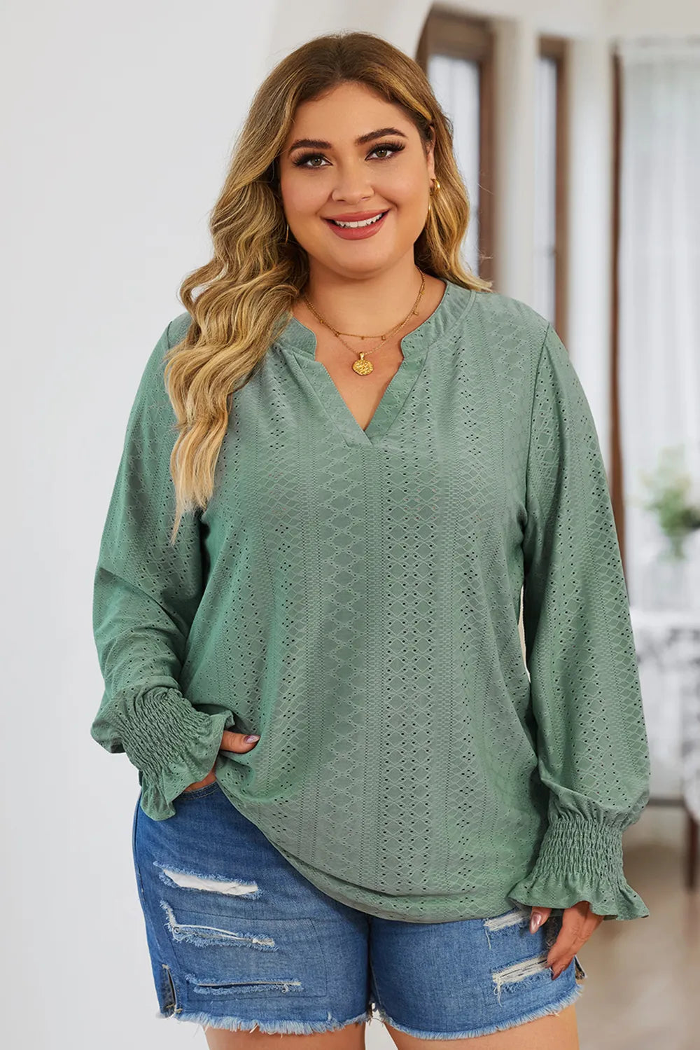 Plus Size Eyelet Notched Flounce Sleeve Blouse 