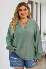 Plus Size Eyelet Notched Flounce Sleeve Blouse 