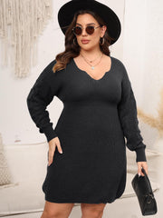 Plus Size Dropped Shoulder Long Sleeve Knit Mini Dress 