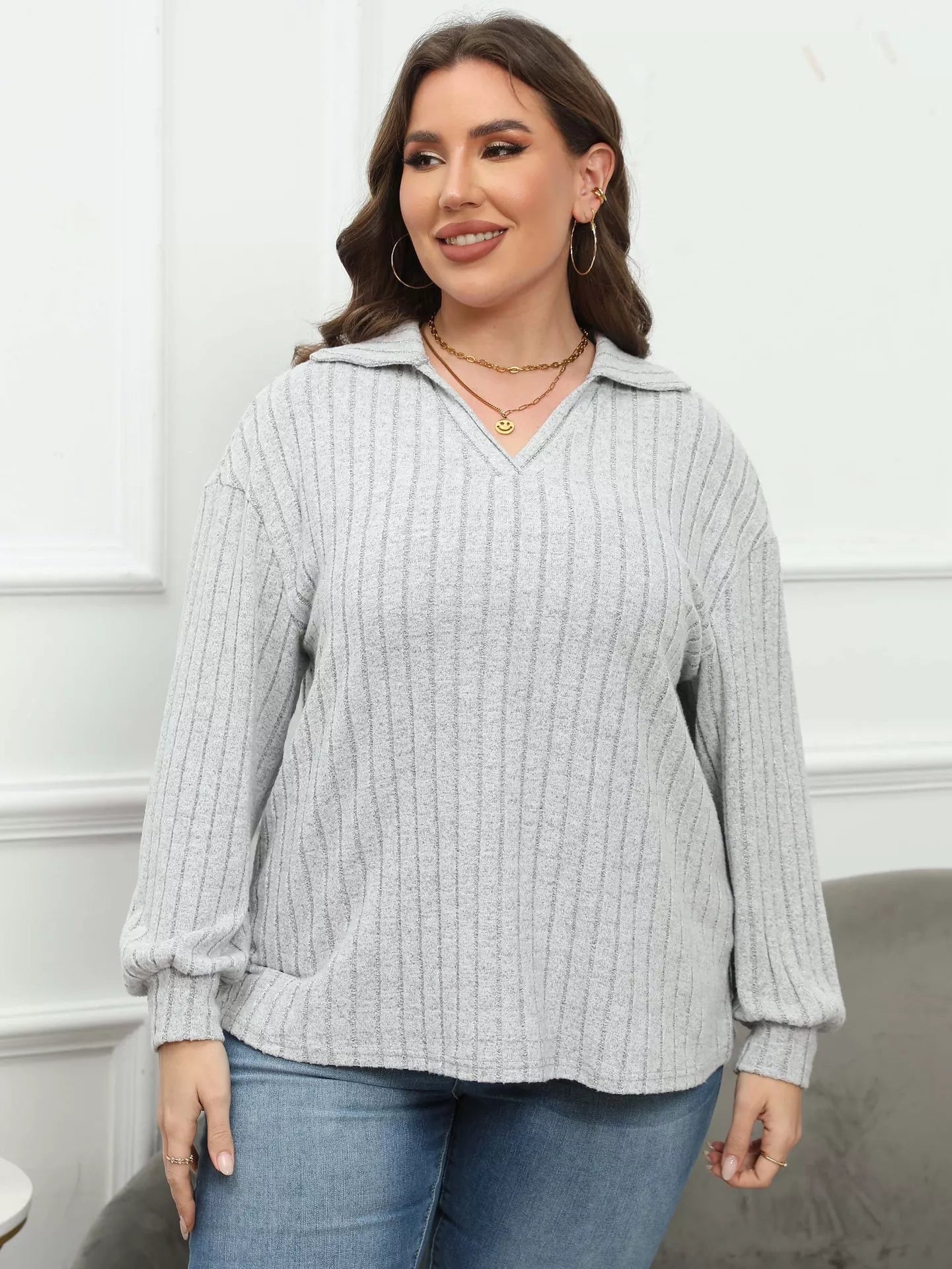 Plus Size Ribbed Knit Polo Collar T-Shirt 