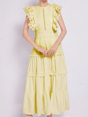 Sleeveless Ruffled Tiered Dress with Embroidered Trim 