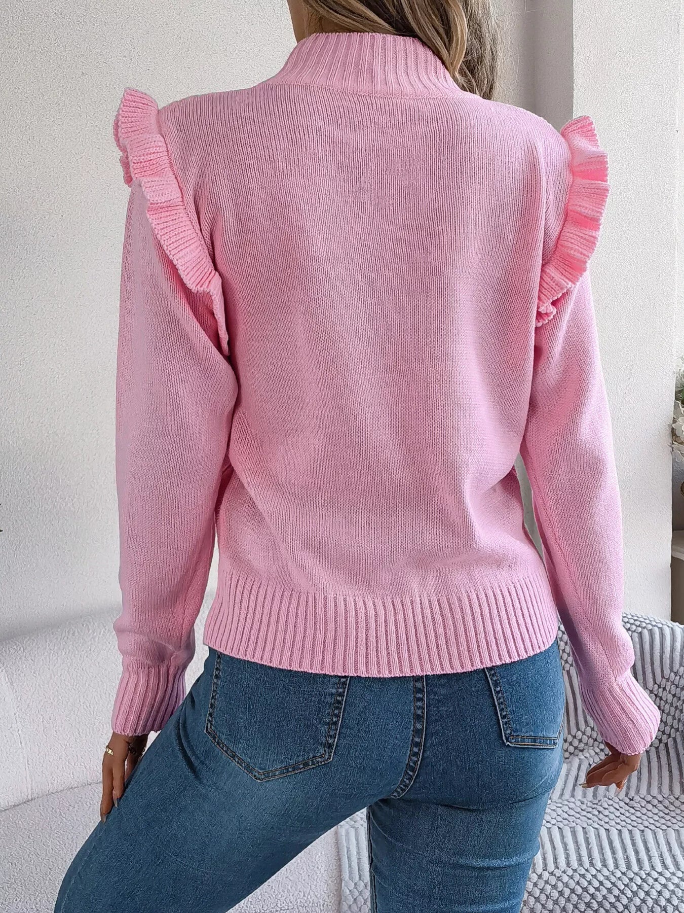 Mock Neck Ruffle Trim Long Sleeve Sweater 