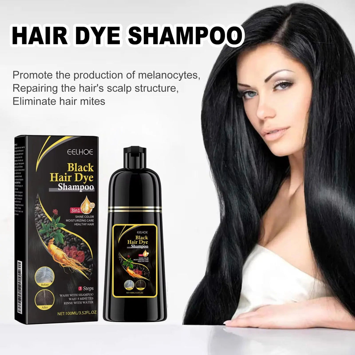EELHOE Black Hair Dye Shampoo 3 in 1 Growth Clean Hair Darkening Deep Nourishing Black Hair Dye Shampoo Natural Organic Herbal dylinoshop