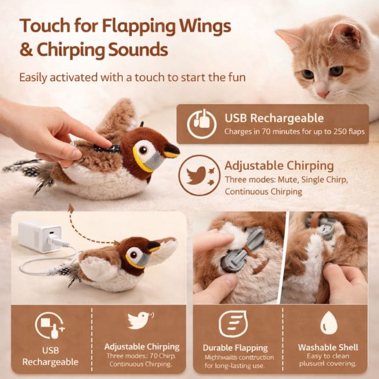 Buzzy BirdBuddy Cat Toy | Interactive, USB Rechargeable 