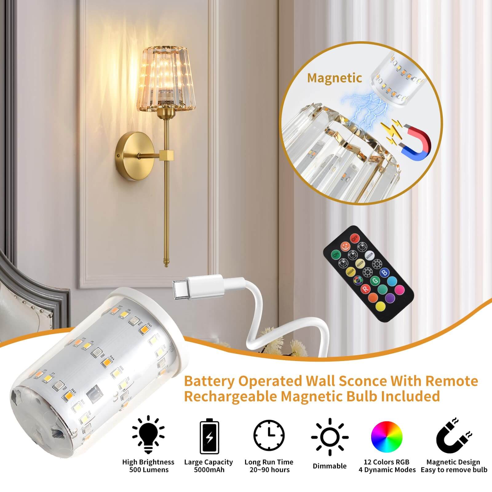 Crisma Wall Sconce | Wireless, USB Rechargeable, Crystal Shade 