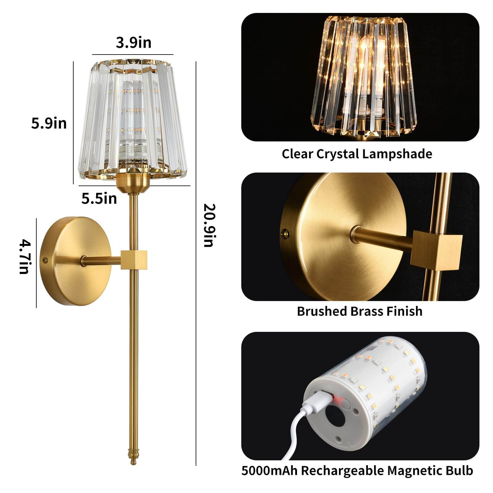 Crisma Wall Sconce | Wireless, USB Rechargeable, Crystal Shade 