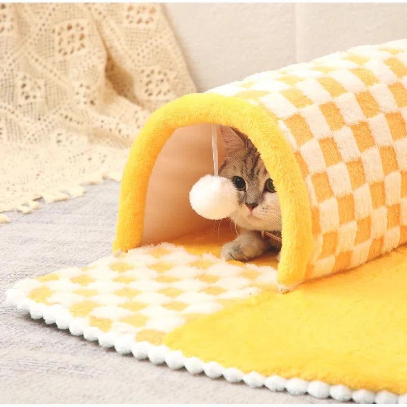 2-in-1 Funny Plush Plaid Cat Tunnel Cat Bed 🐾 