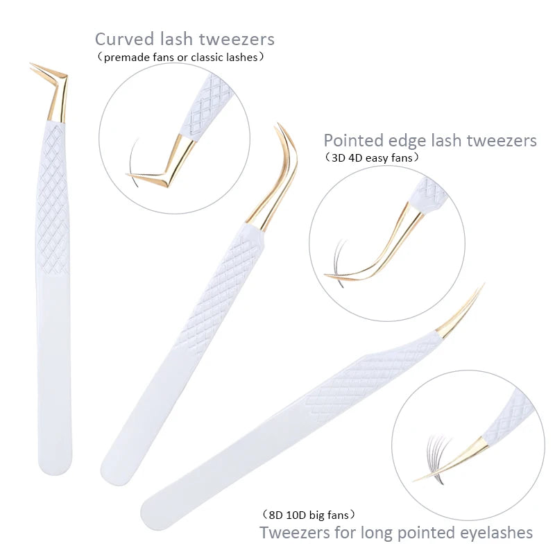1PC White-Gold Anti-Static Stainless Steel Precision Tweezers for Eyelash Extension Eyebrow Beauty Makeup Tool Set