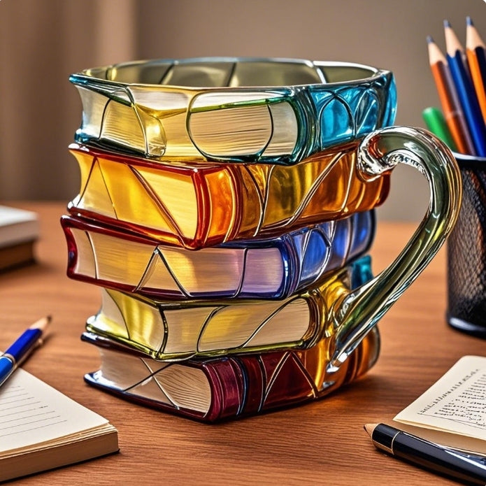 Litra Book Mug | Hand-Painted, Heat-Resistant Glass, 10.3 fl oz 