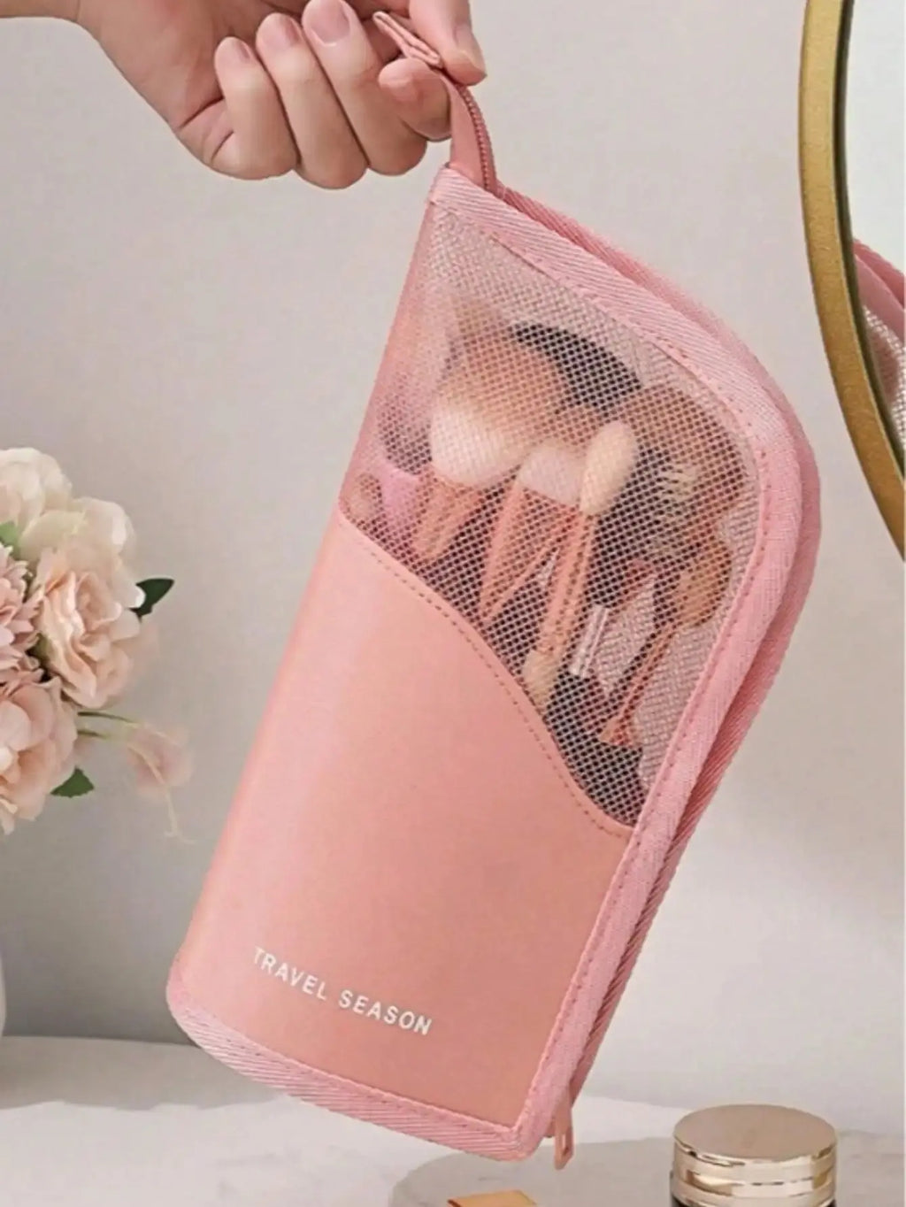 Pink Makeup Brush Holder Bag, With Zipper, Transparent PVC Waterproof Travel Makeup Brush Storage, Portable Makeup Brush Pouch, Professional Makeup Bag, Artist Storage Bag, Essential Foldable Makeup Cup, Suitable Home,, Vacat