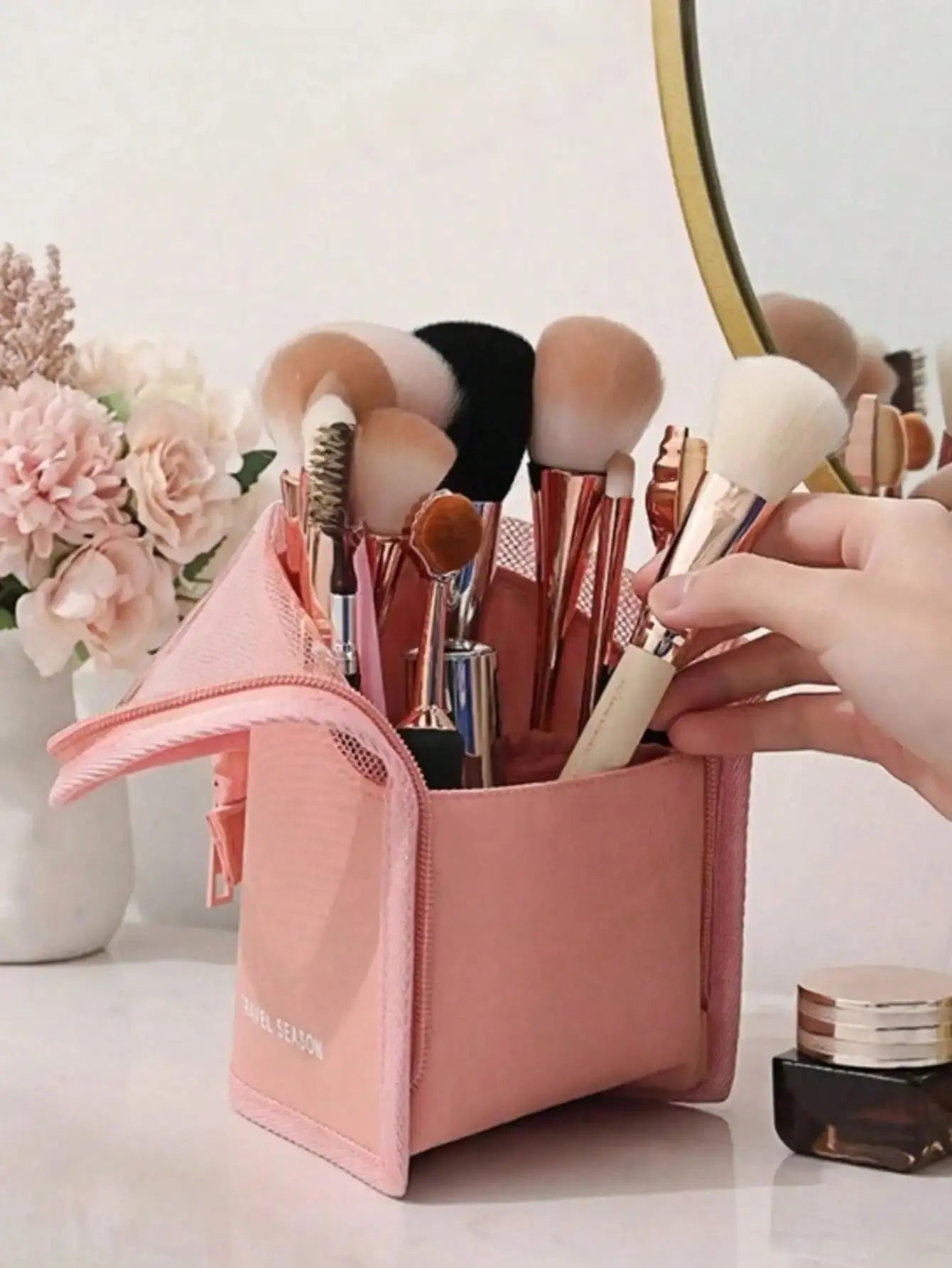 Pink Makeup Brush Holder Bag, With Zipper, Transparent PVC Waterproof Travel Makeup Brush Storage, Portable Makeup Brush Pouch, Professional Makeup Bag, Artist Storage Bag, Essential Foldable Makeup Cup, Suitable Home,, Vacat