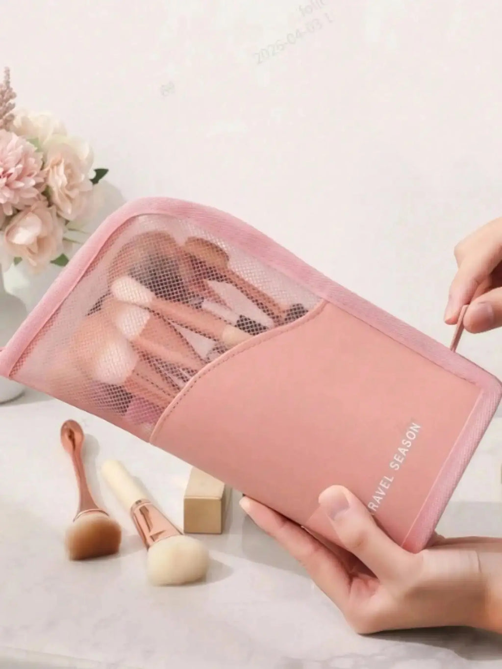 Pink Makeup Brush Holder Bag, With Zipper, Transparent PVC Waterproof Travel Makeup Brush Storage, Portable Makeup Brush Pouch, Professional Makeup Bag, Artist Storage Bag, Essential Foldable Makeup Cup, Suitable Home,, Vacat