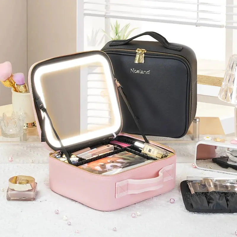 Portable Makeup Train Case with Mirror – Waterproof Cosmetic Storage dylinoshop
