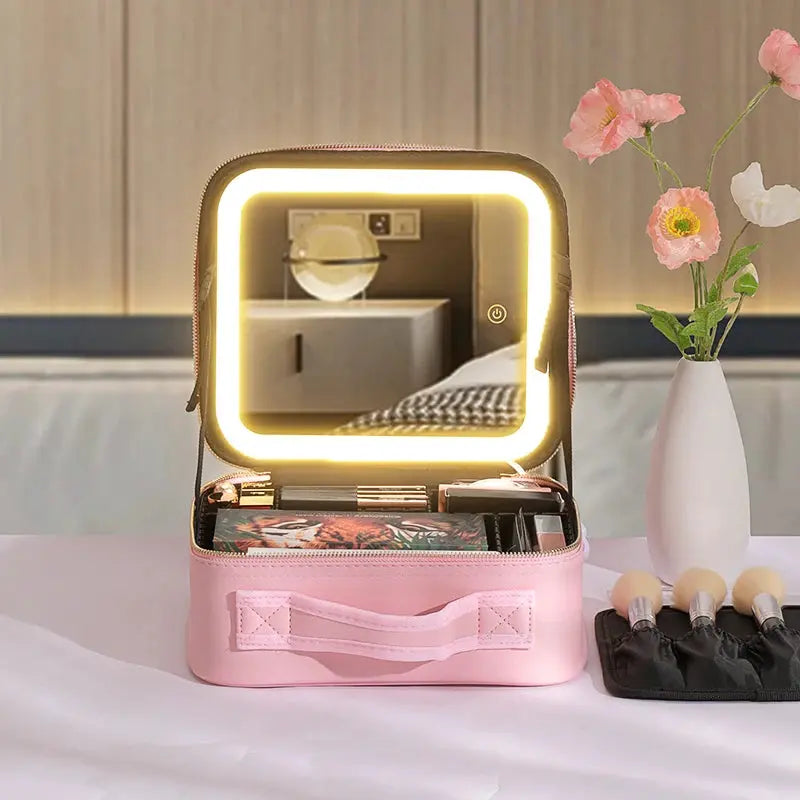 Portable Makeup Train Case with Mirror – Waterproof Cosmetic Storage dylinoshop