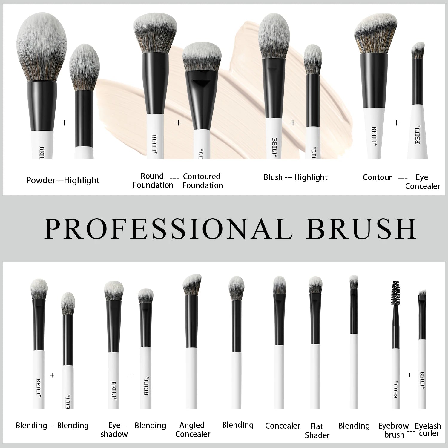 BEILI Dual-ended Makeup Brush Set Professional 12 Pcs Vegan Contour Foundation Powder Eyebrow Bronzer Brushes Cosmetics Kit