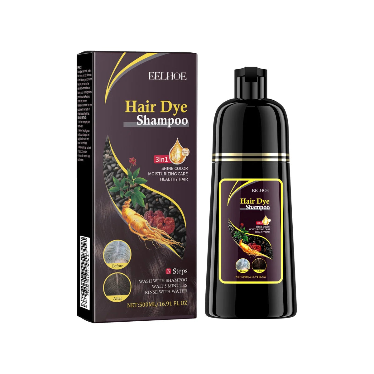 EELHOE Black Hair Dye Shampoo 3 in 1 Growth Clean Hair Darkening Deep Nourishing Black Hair Dye Shampoo Natural Organic Herbal dylinoshop