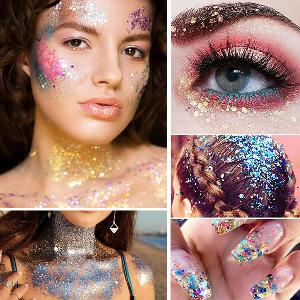 6 Color Face Glitter No Glue Needed Body Glitter Gel Set Cosmetic Hair Glitter Festival Makeup for Christmas Parties Halloween