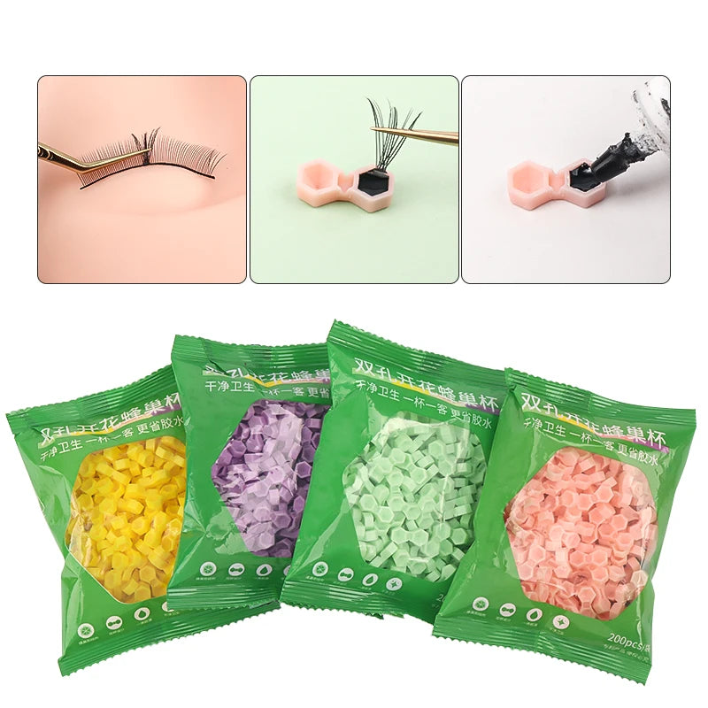 200pcs Eyelash Extension Glue Cup 2 Hole Honeycomb Tattoo Ink Pigment Holder Container Grafting Eyelashes Auxiliary Makeup Tool