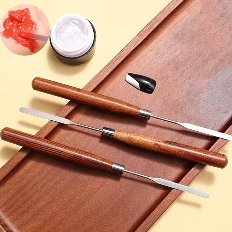 Stainless Steel Pigment Mixing Spatula Wooden Handle Nail Art Makeup Stirring Rod Cream Foundation Mixing Tool  Manicure Tools