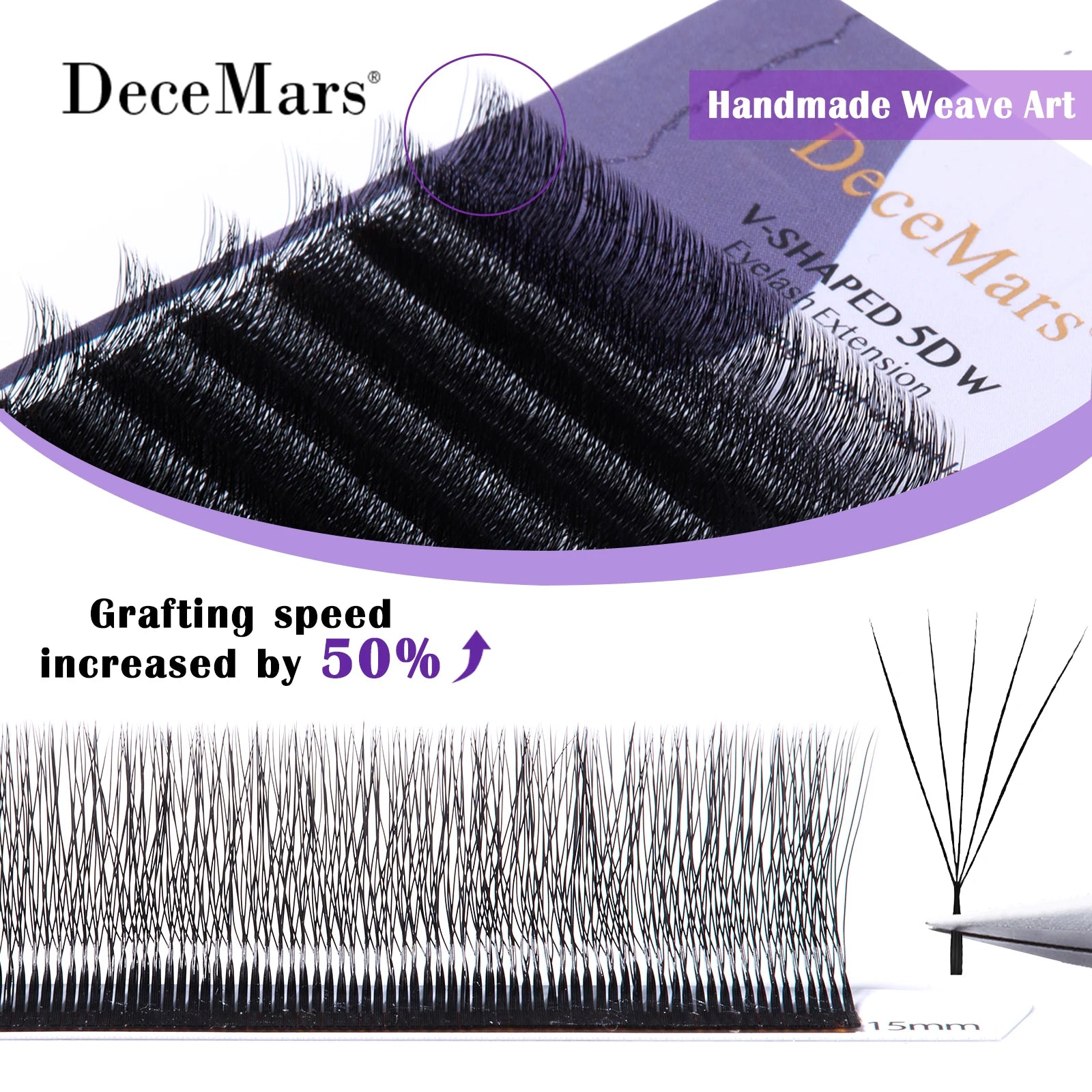 DeceMars V-shaped 5D Eyelash Extensions Matte Black 12 Rows/Tray for Makeup