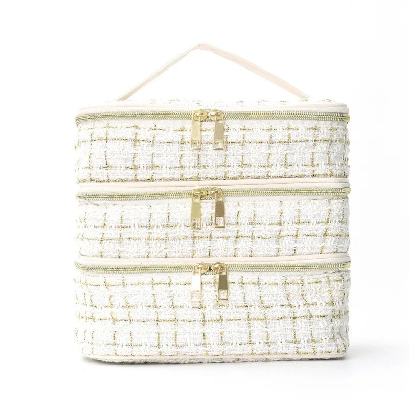High end, simple and versatile three-layer makeup bag, large capacity diamond grid toiletry bag, portable travel makeup storage