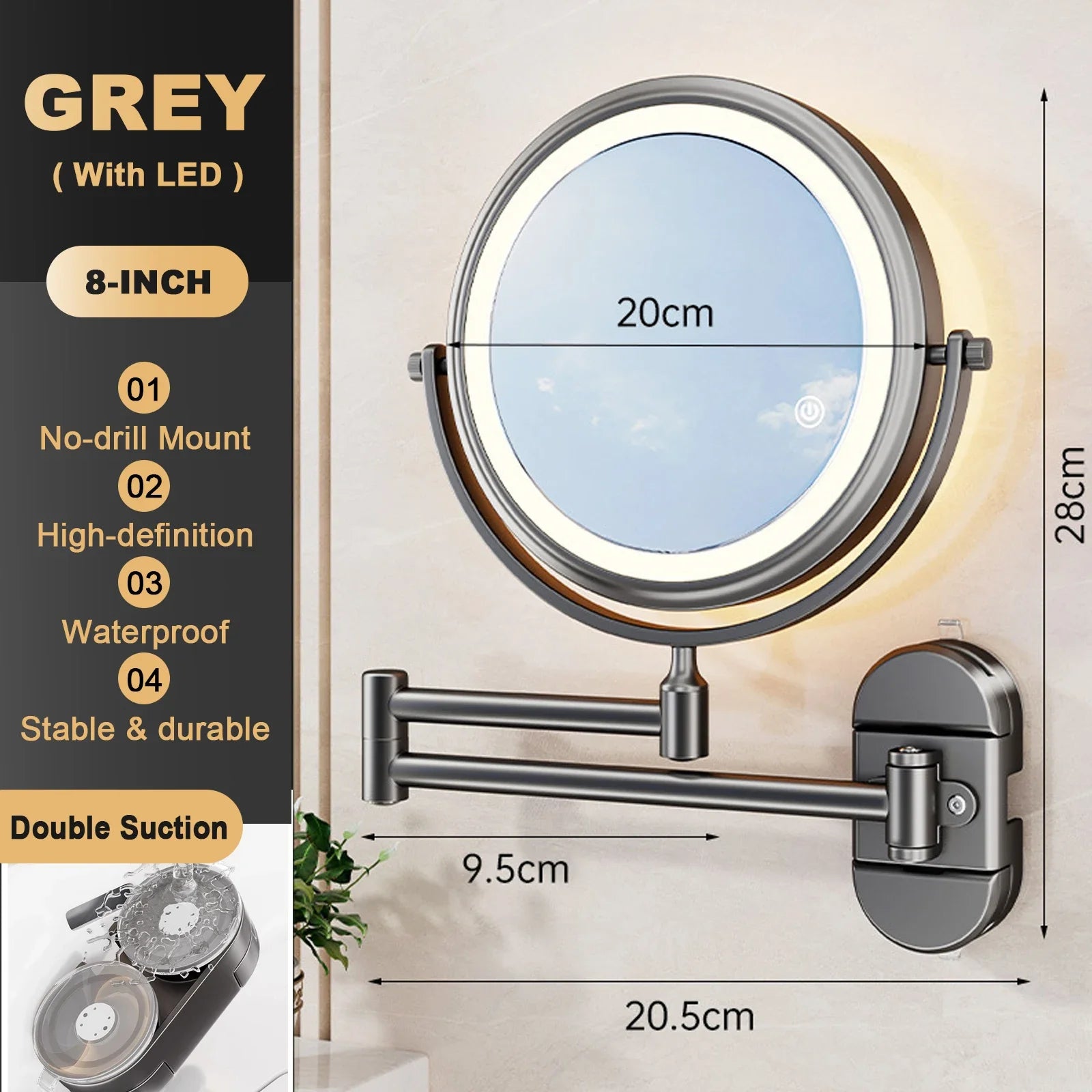 6/8 inch Wall Mounted Makeup Mirror Extending Folding Double Sided Rotating Bathroom Makeup Mirror 3x Magnification with Light