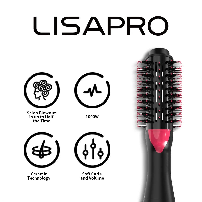 LISAPRO 3-in-1 1000W Hot Air Brush – One-Step Dryer & Volumizer