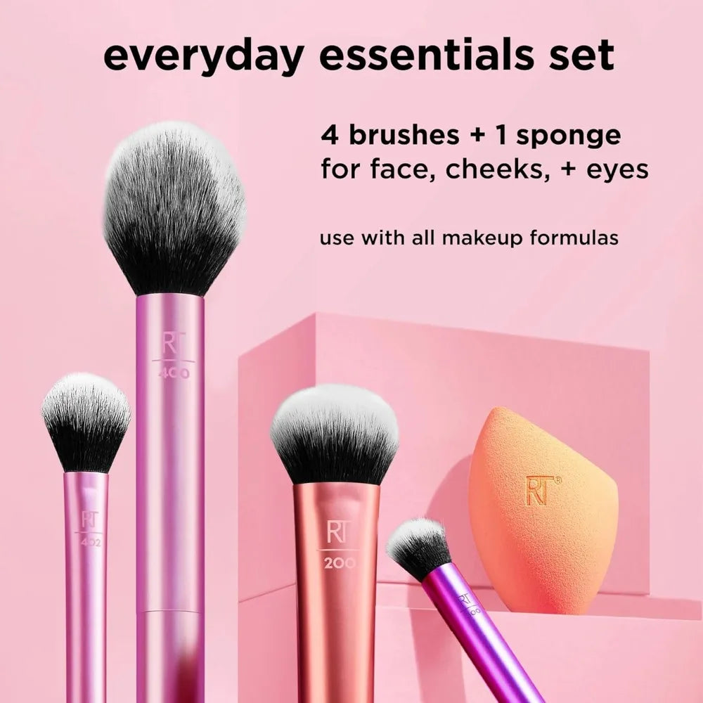 2025 Real Techniques 6 Piece Everyday Essentials Makeup Brush Set Sponges Blush Bronzer Contour Eyeshadow Powder Travel Gift Set