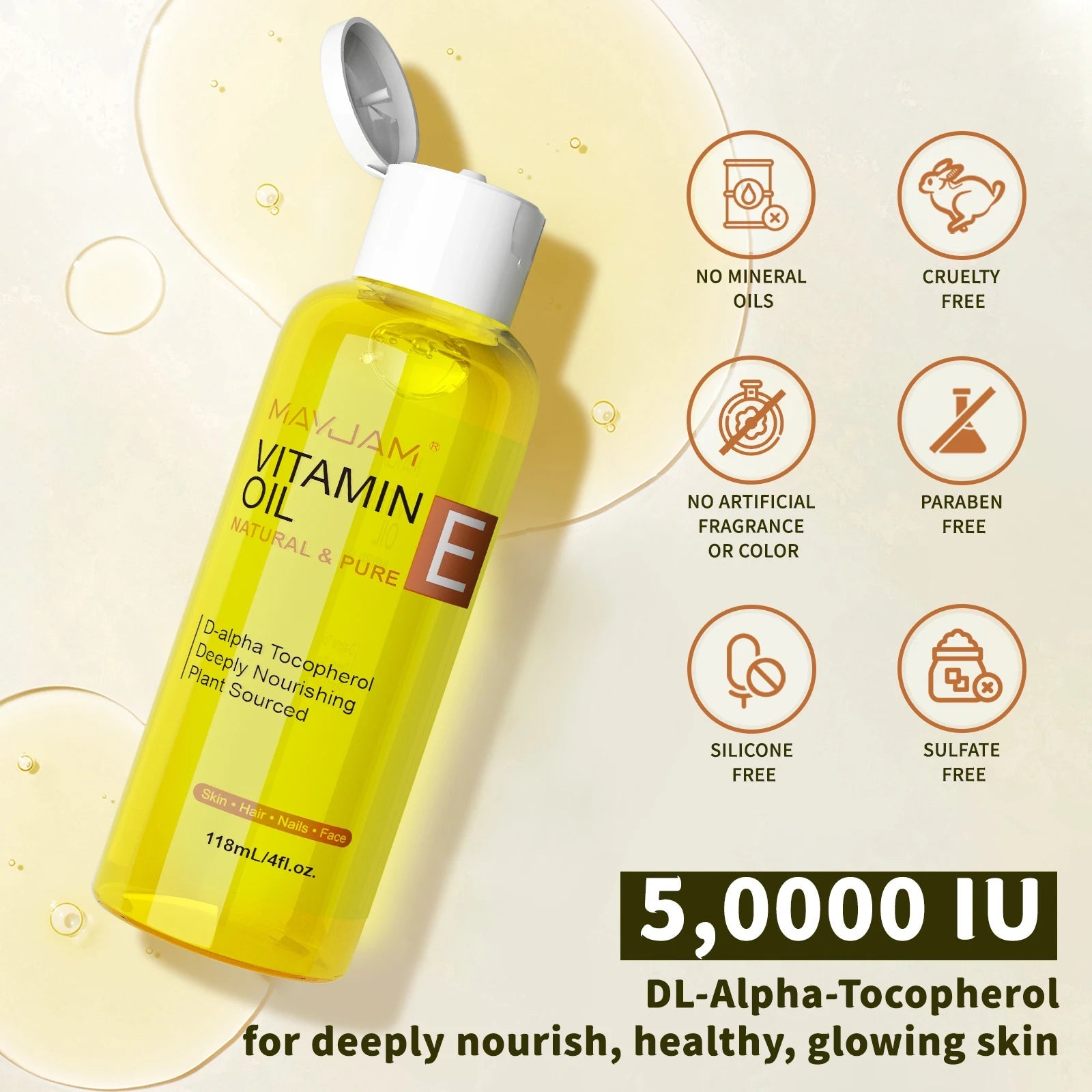 MAYJAM Natural & Pure Vitamin E Oil Skincare Moisturizing Brighten Skin Tone 118ml 236ml Face Care Oil 