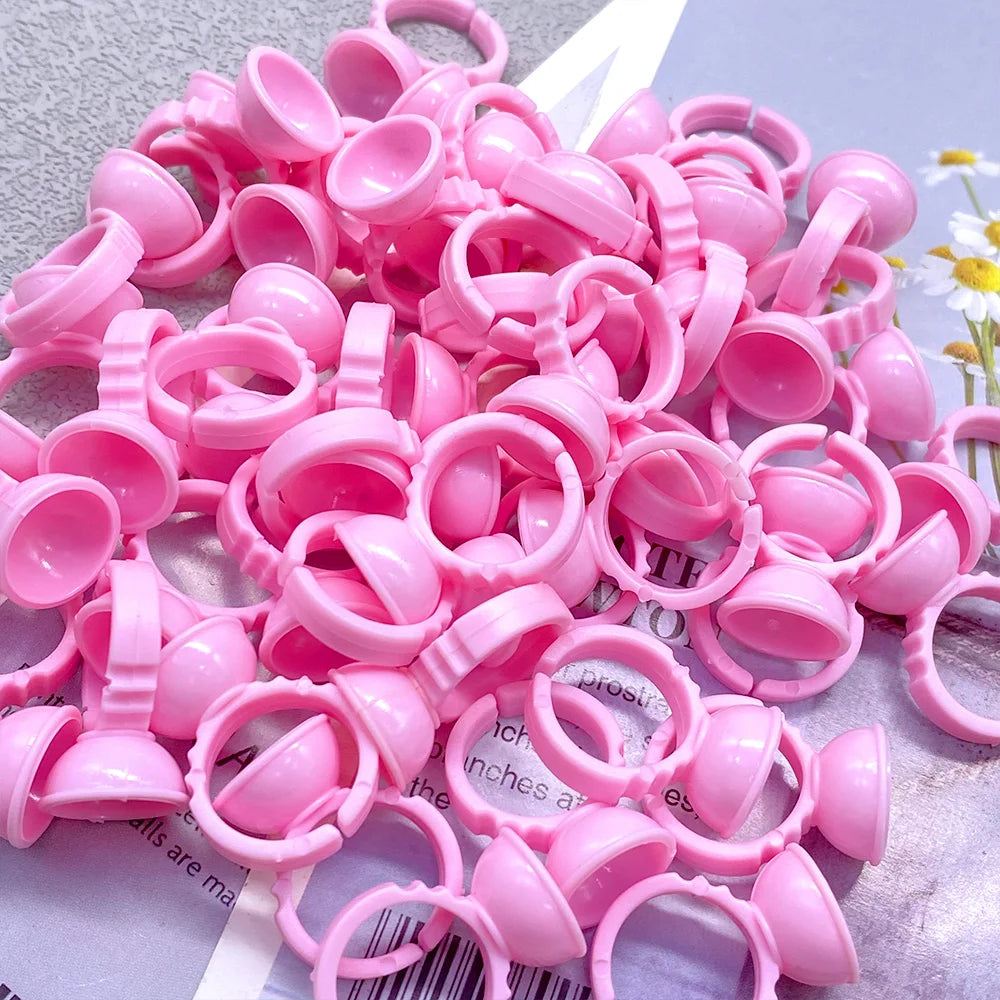 100Pcs Glue Rings Beauty Eyelash Extension Glue Cups Pink Delay Cup Grafting Eyelash Makeup Tool Tattoo Adhesive Pigment Cups